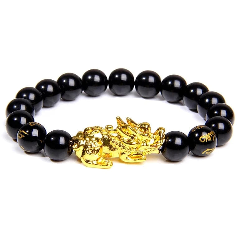Artisan d'Asie Bracelets Malas Obsidienne Noire OM 5 / 17cm Bracelet Mala avec Pixiu Or et Pierres Naturelles