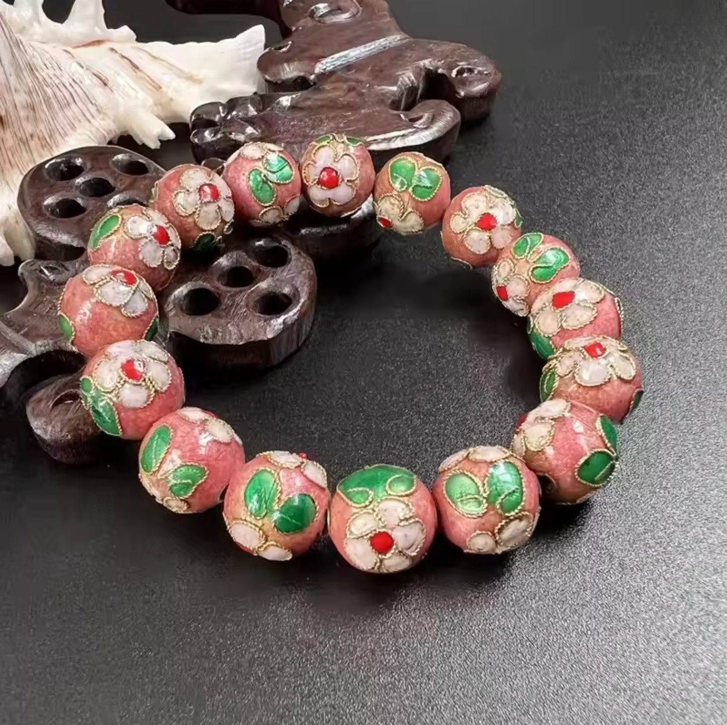 Artisan d'Asie Bracelets Malas Rose / 18 cm Bracelet mala en perles cloisonnées