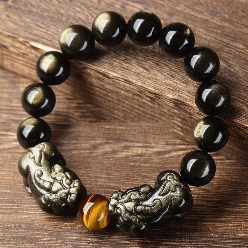 Artisan d'Asie Bracelets Malas Style Pixiu Double / 10mm Bracelet mala avec pixiu en obsidienne dorée et oeil de tigre