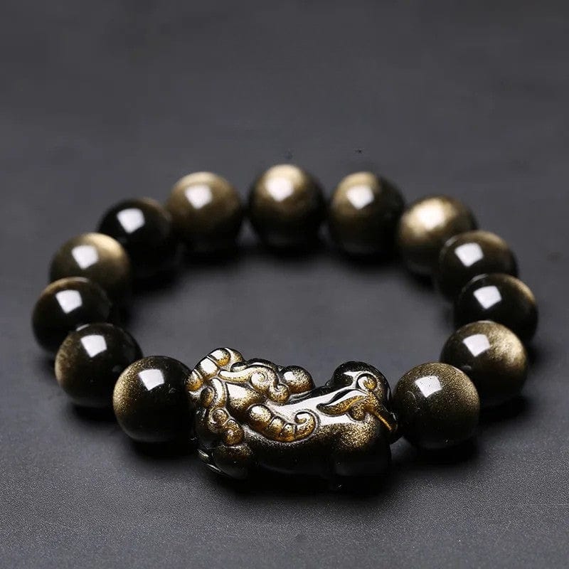 Artisan d'Asie Bracelets Malas Style Pixiu Simple / 10mm Bracelet mala avec pixiu en obsidienne dorée et oeil de tigre