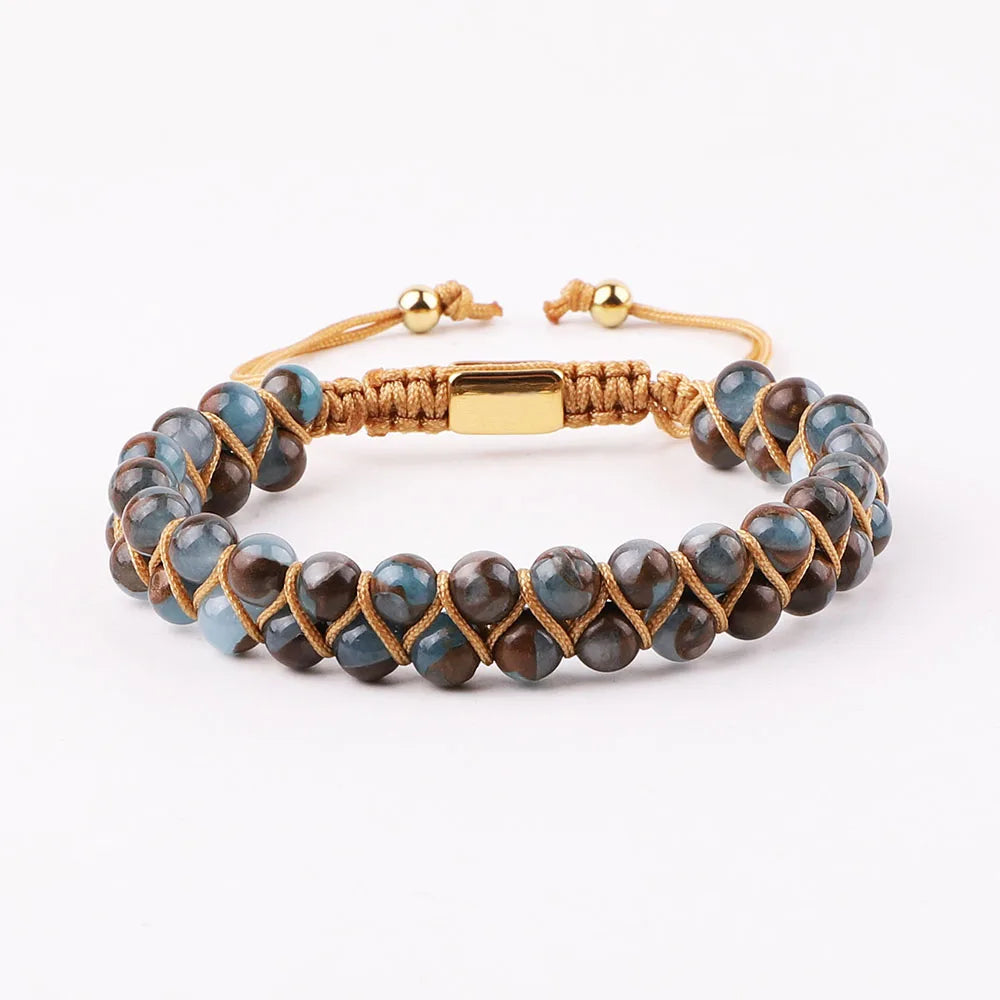 Artisan d'Asie Bracelets Tressés Tibétains Agate Bleu Foncé / 6mm Bracelet tressé tibétain en pierres naturelles