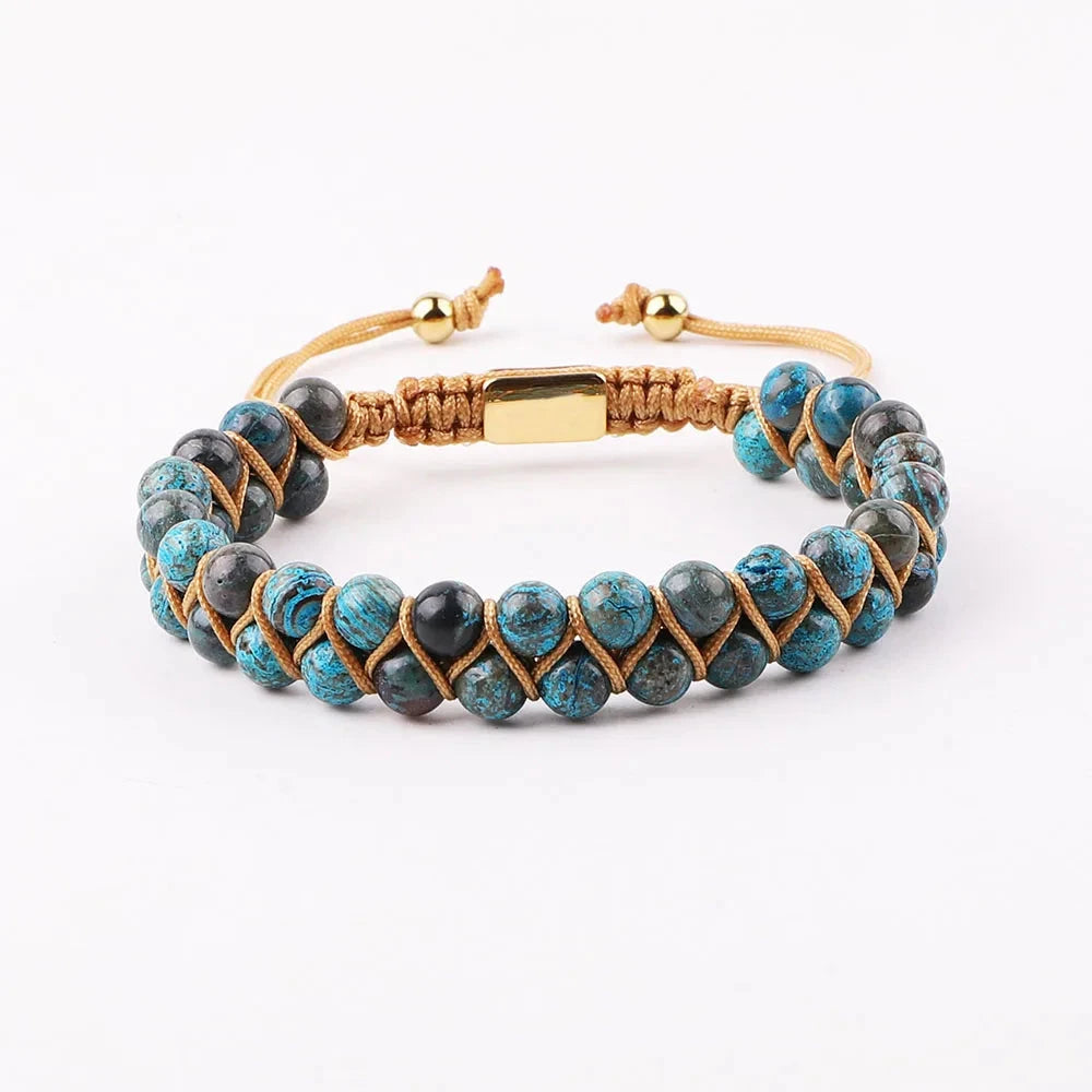 Artisan d'Asie Bracelets Tressés Tibétains Agate Bleue / 6mm Bracelet tressé tibétain en pierres naturelles