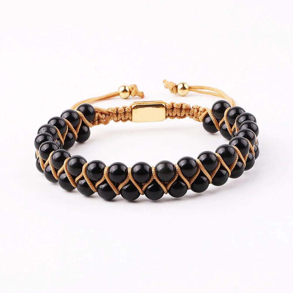 Artisan d'Asie Bracelets Tressés Tibétains Agate Noire / 6mm Bracelet tressé tibétain en pierres naturelles