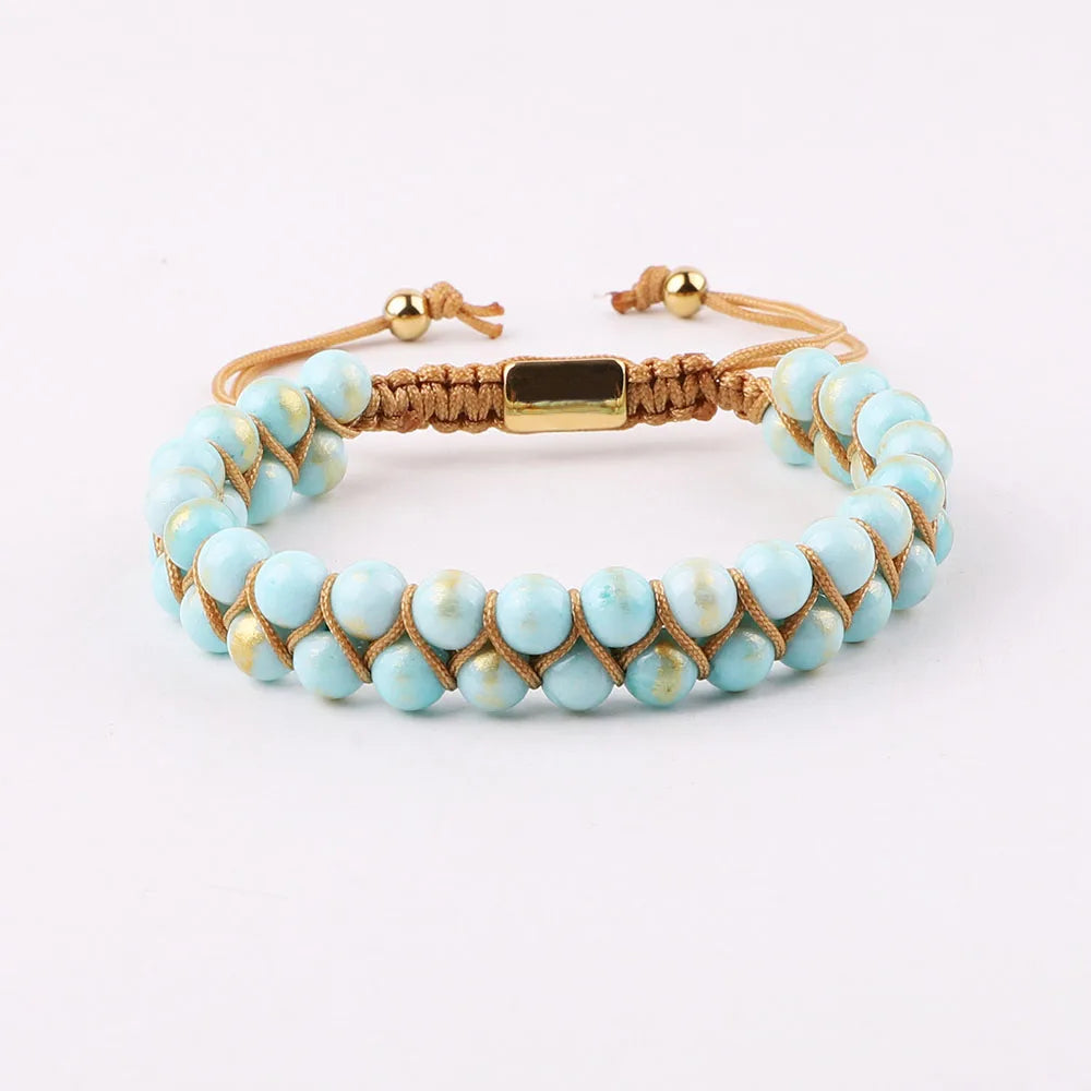 Artisan d'Asie Bracelets Tressés Tibétains Bleu Turquoise / 6mm Bracelet tressé tibétain en pierres naturelles