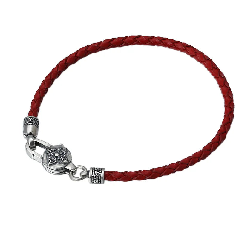 Artisan d'Asie Bracelets Tressés Tibétains Bracelet en argent sterling 925 et cuir tressé – Six Mantras & Vajra Pestle