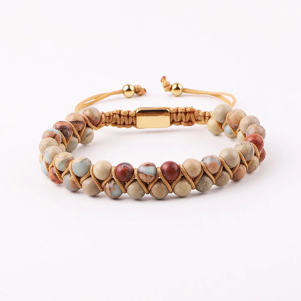 Artisan d'Asie Bracelets Tressés Tibétains Jaspe Shoushan / 6mm Bracelet tressé tibétain en pierres naturelles
