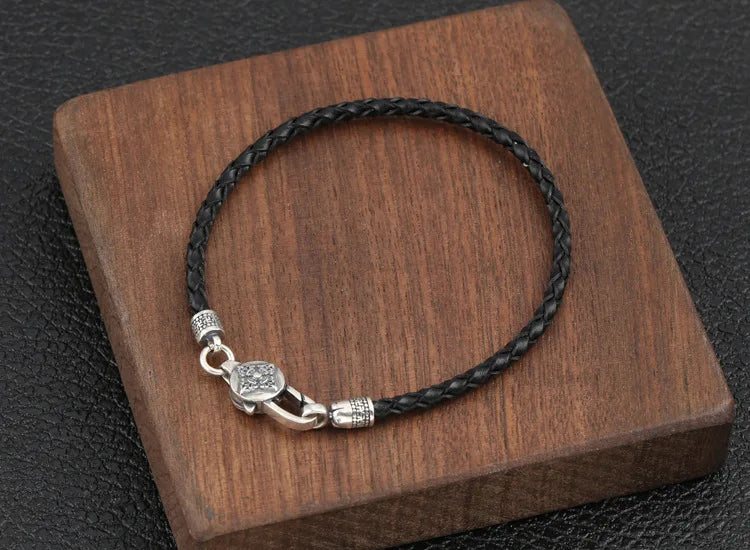 Artisan d'Asie Bracelets Tressés Tibétains Noir / 18cm Bracelet en argent sterling 925 et cuir tressé – Six Mantras & Vajra Pestle