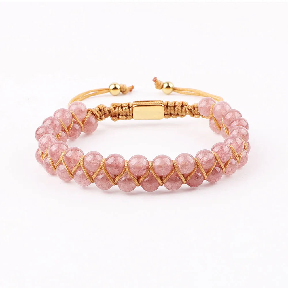 Artisan d'Asie Bracelets Tressés Tibétains Quartz Rose / 6mm Bracelet tressé tibétain en pierres naturelles
