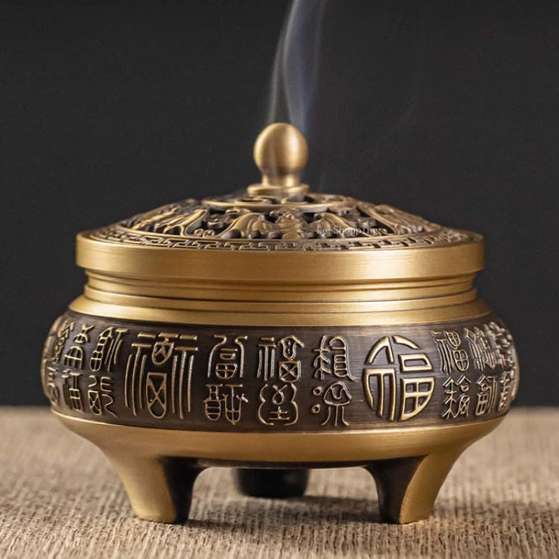 Artisan d'Asie Brûleur d’Encens Laiton Pur Gravé – Fleur de Lotus & Bénédictions 🪷
