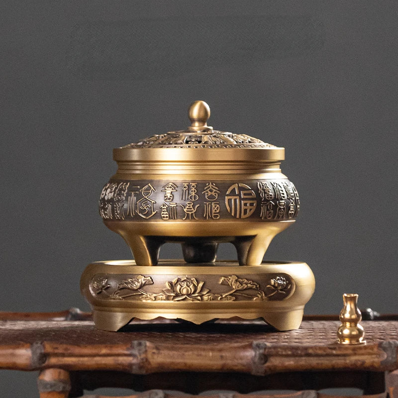 Artisan d'Asie Brûleur d’Encens Laiton Pur Gravé – Fleur de Lotus & Bénédictions 🪷