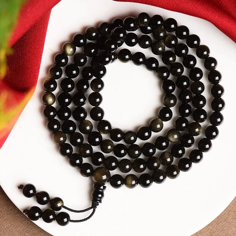 Artisan d'Asie Colliers Malas 8mm Collier mala en pierre d'obsidienne dorée