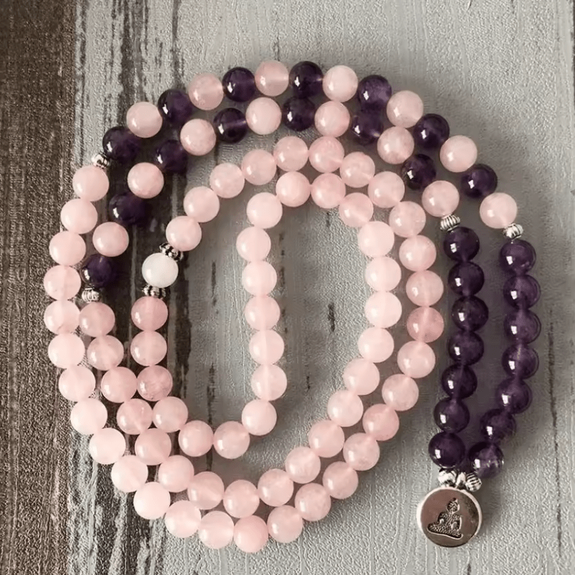 Artisan d'Asie Colliers Malas Bouddha Collier mala en Améthyste et Quartz Rose