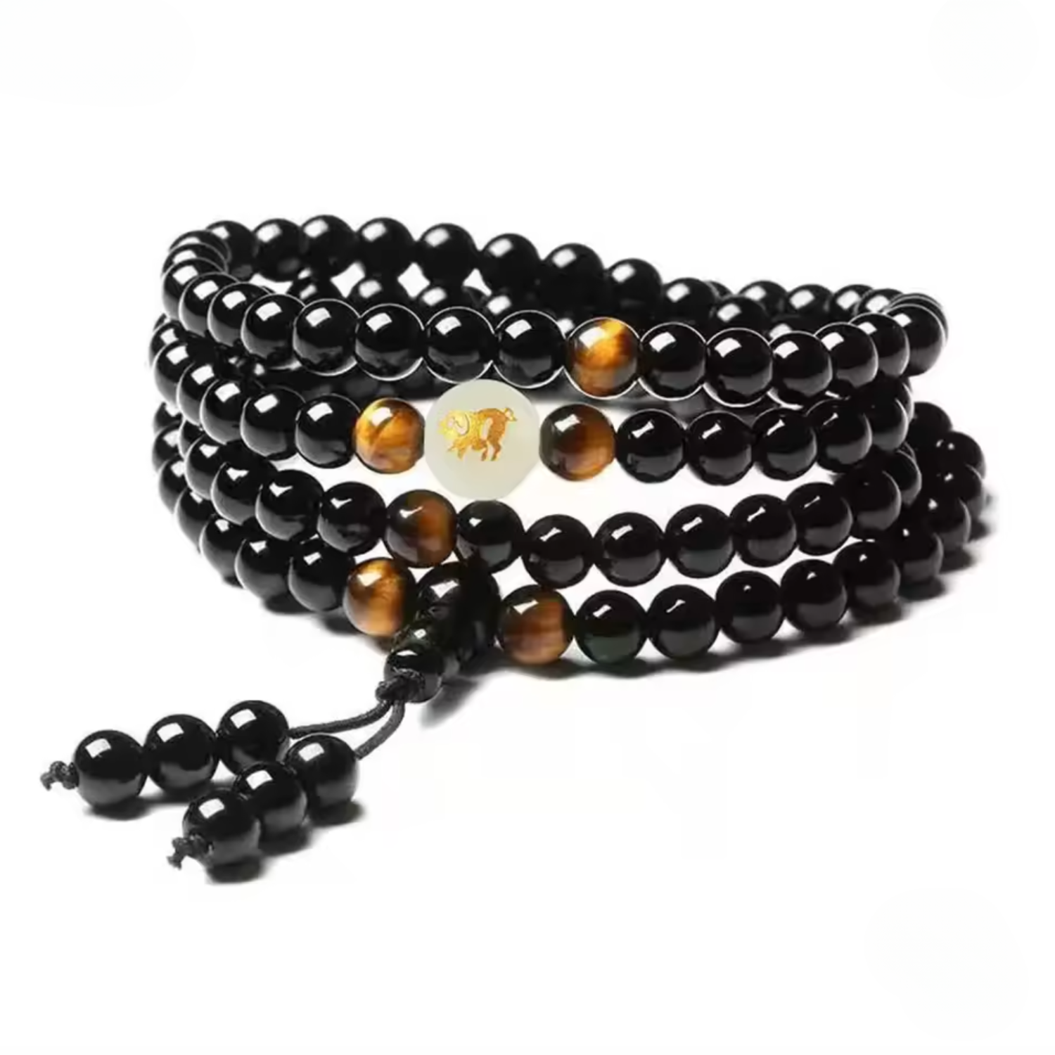 Artisan d'Asie Colliers Malas Cochon Collier mala en pierre d'obsidienne et signe astrologique chinois