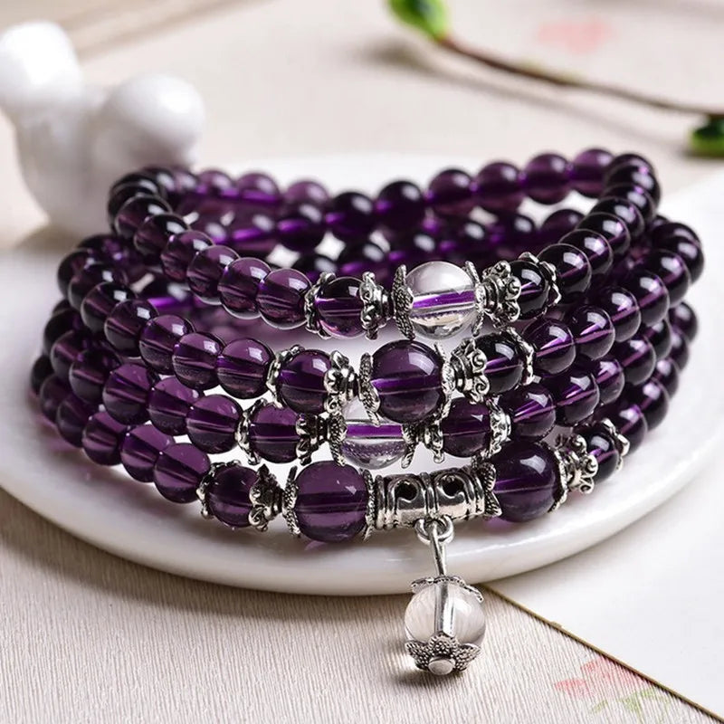 Artisan d'Asie Colliers Malas Collier mala 108 perles en pierre d'Améthyste
