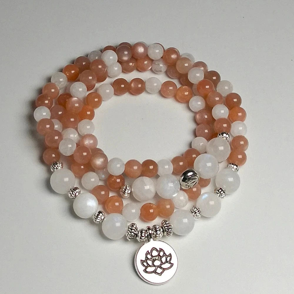 Artisan d'Asie Colliers Malas Collier Mala 108 Perles en Pierre de Lune et Héliolite