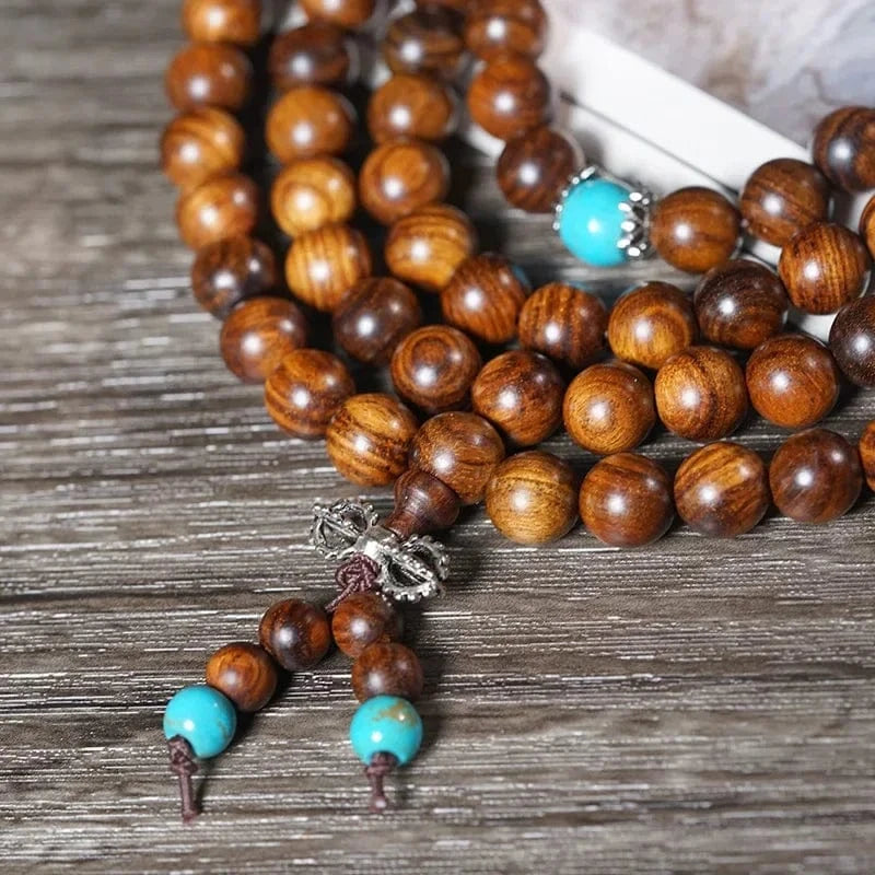Artisan d'Asie Colliers Malas Collier mala en bois de poirier et turquoise