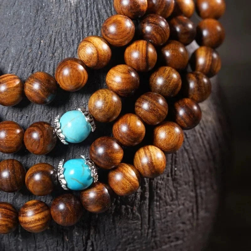 Artisan d'Asie Colliers Malas Collier mala en bois de poirier et turquoise