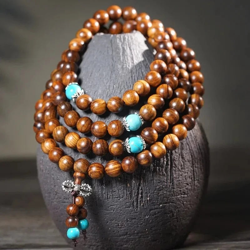 Artisan d'Asie Colliers Malas Collier mala en bois de poirier et turquoise