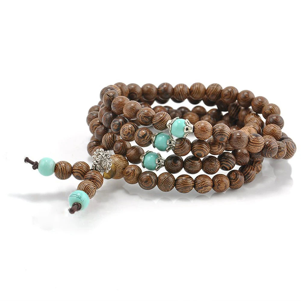 Artisan d'Asie Colliers Malas Collier mala en bois de santal et turquoise