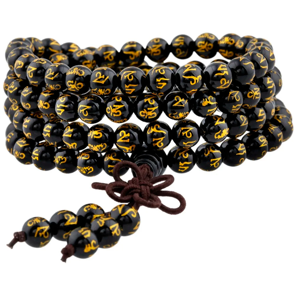 Artisan d'Asie Colliers Malas Collier mala en pierre d'agate noire motif om mani padme hum