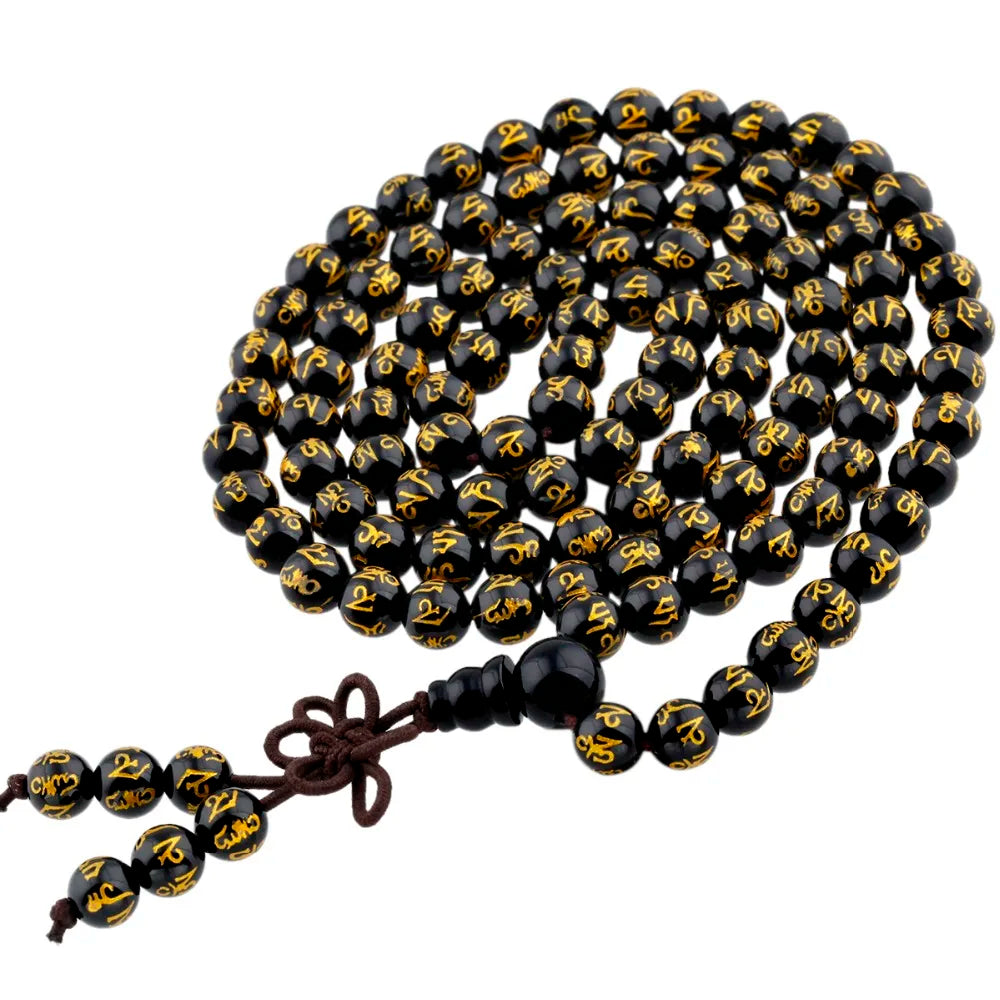 Artisan d'Asie Colliers Malas Collier mala en pierre d'agate noire motif om mani padme hum