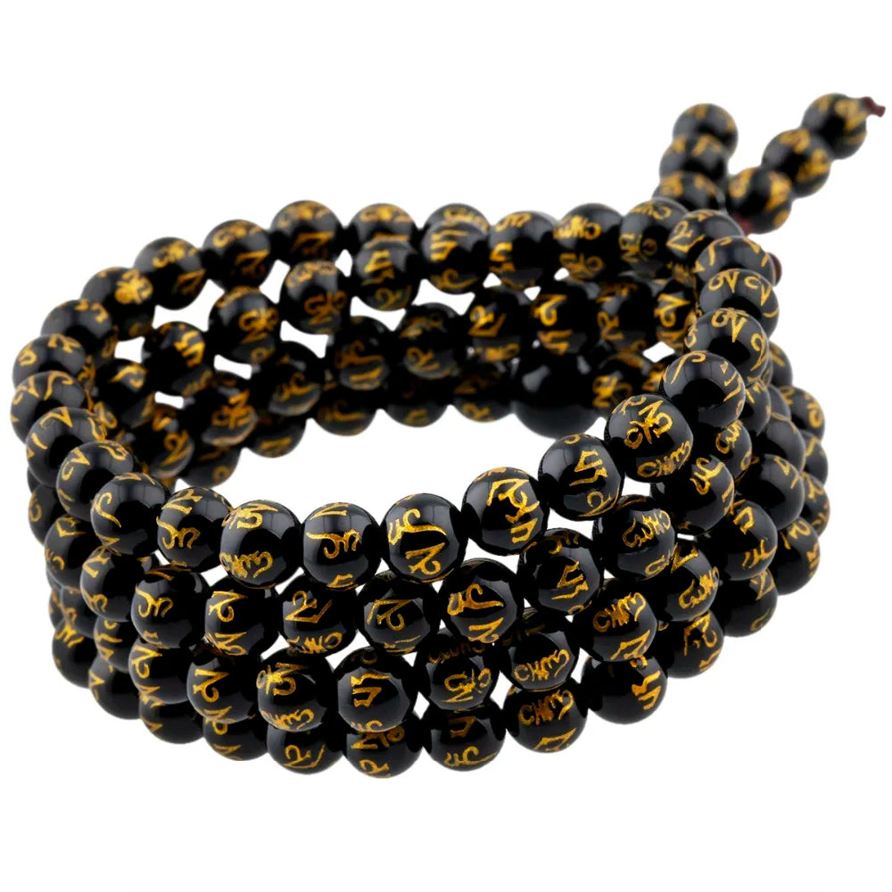 Artisan d'Asie Colliers Malas Collier mala en pierre d'agate noire motif om mani padme hum