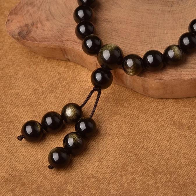 Artisan d'Asie Colliers Malas Collier mala en pierre d'obsidienne dorée