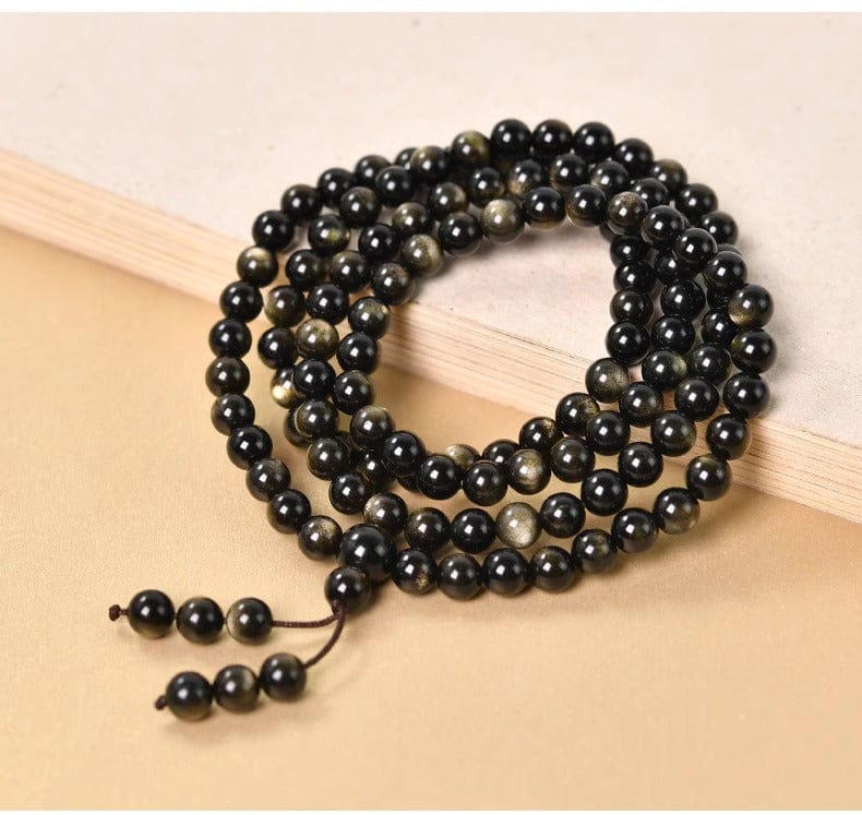 Artisan d'Asie Colliers Malas Collier mala en pierre d'obsidienne dorée