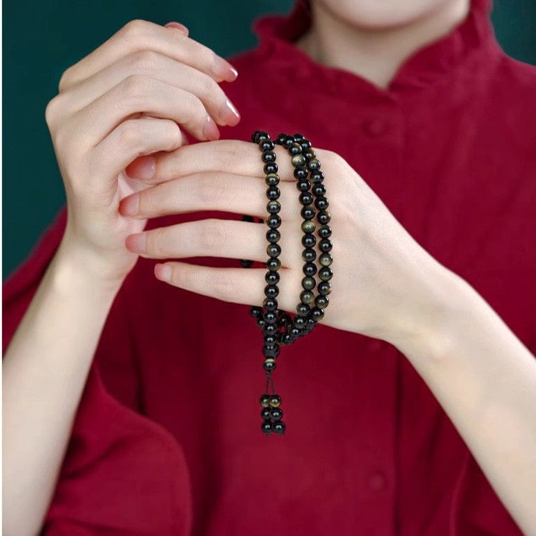 Artisan d'Asie Colliers Malas Collier mala en pierre d'obsidienne dorée