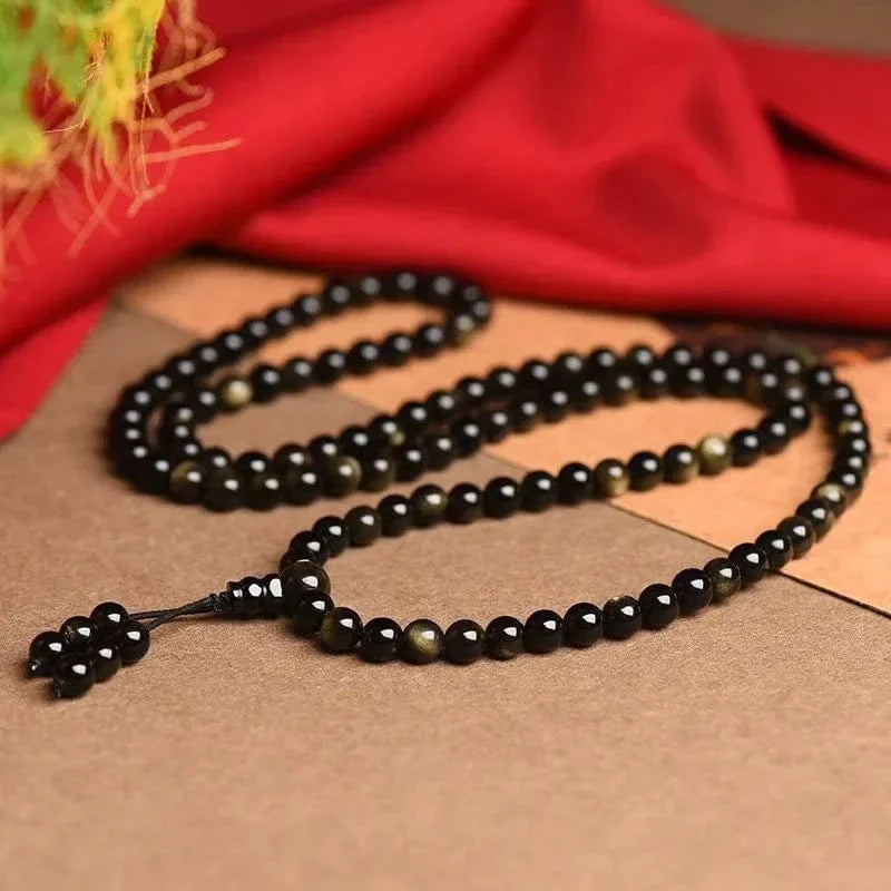 Artisan d'Asie Colliers Malas Collier mala en pierre d'obsidienne dorée