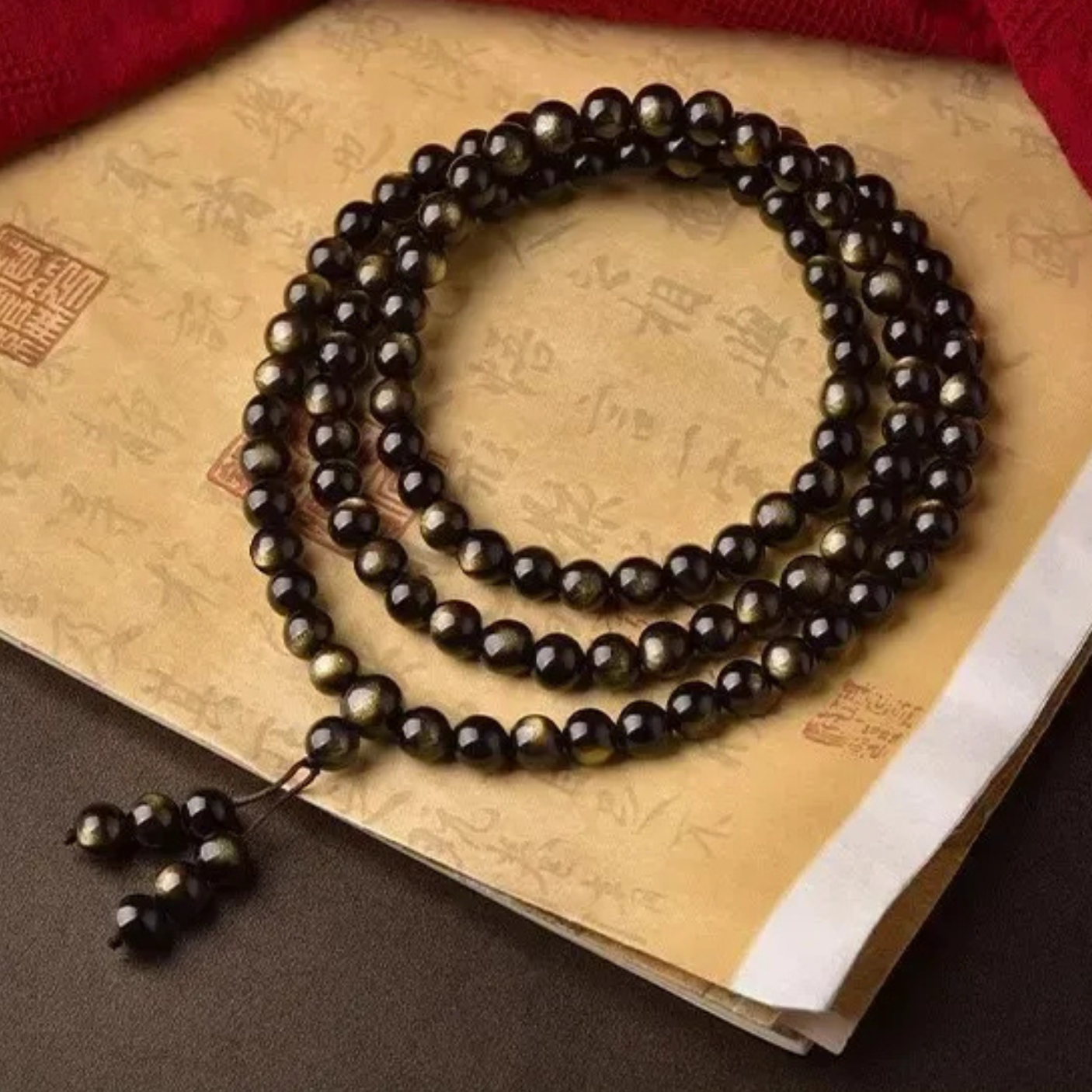 Artisan d'Asie Colliers Malas Collier mala en pierre d'obsidienne dorée