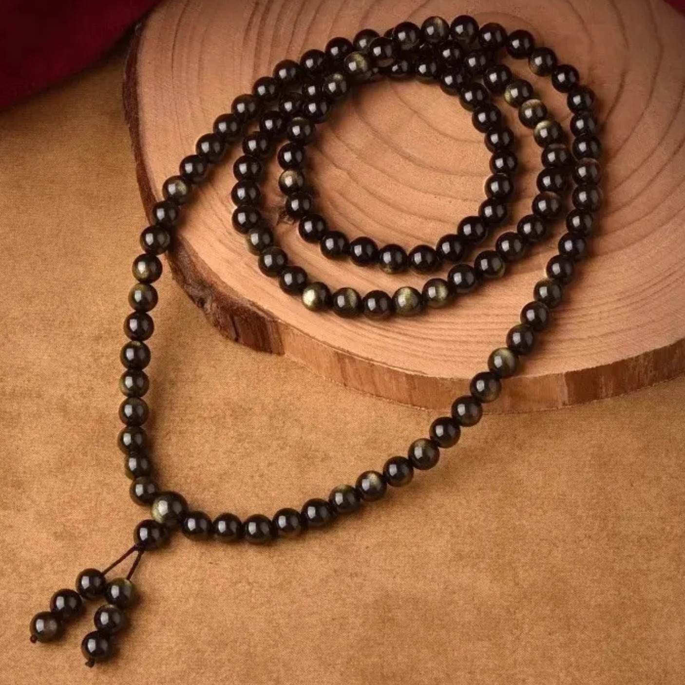 Artisan d'Asie Colliers Malas Collier mala en pierre d'obsidienne dorée