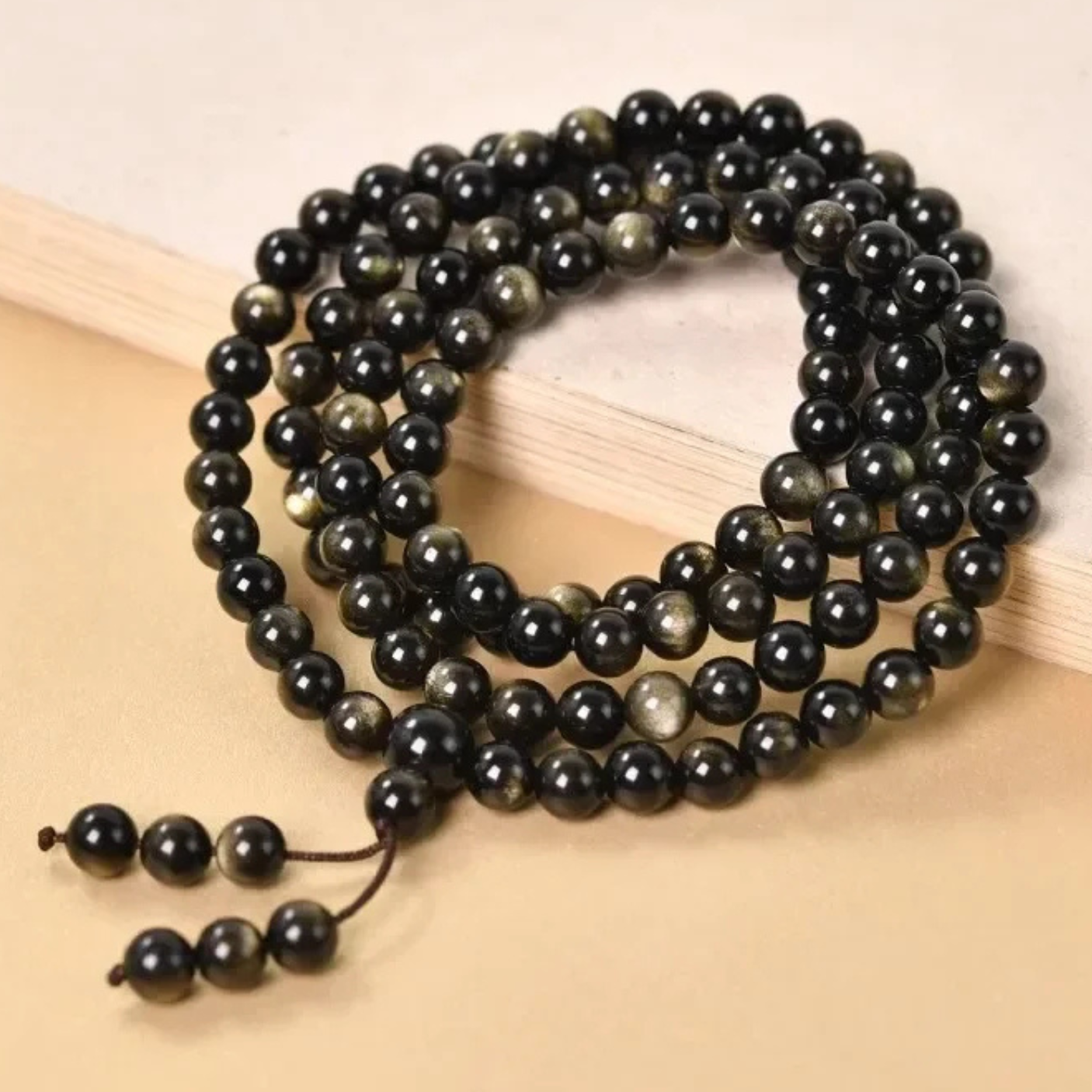 Artisan d'Asie Colliers Malas Collier mala en pierre d'obsidienne dorée