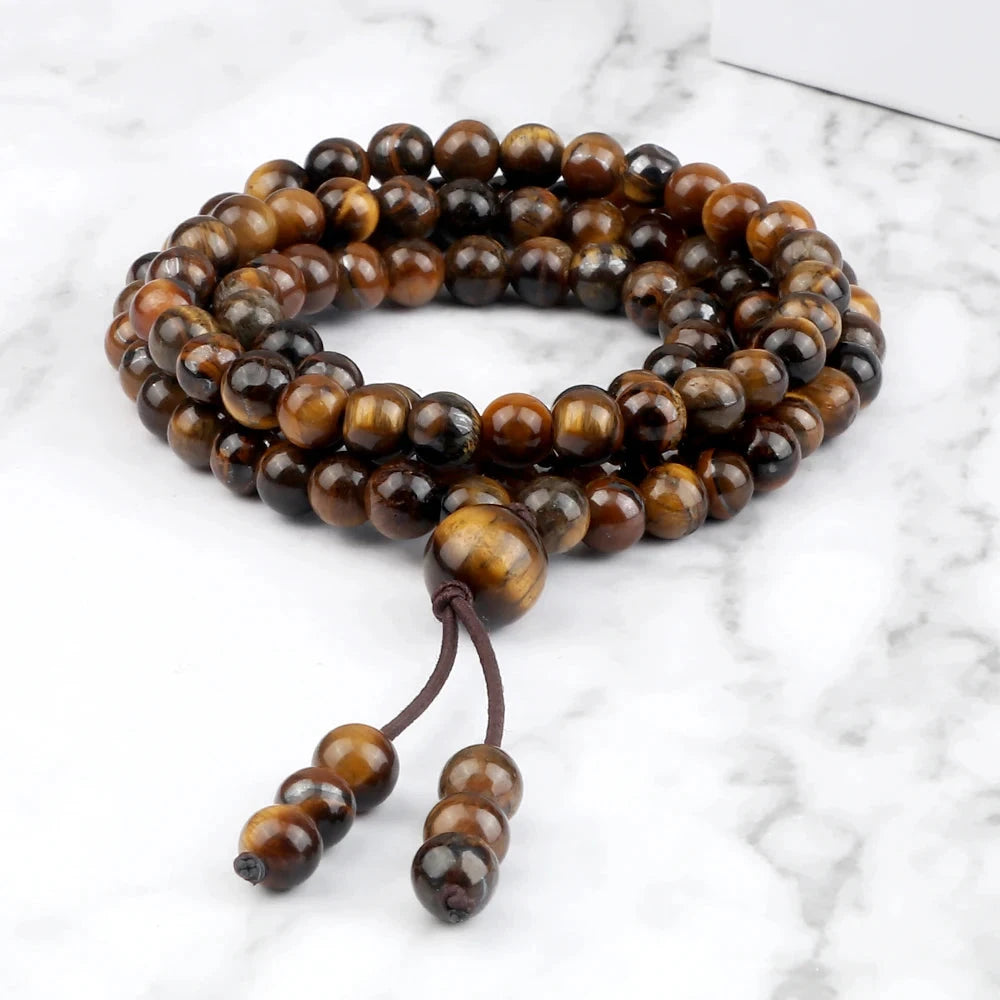 Artisan d'Asie Colliers Malas Collier mala en pierre d'oeil de tigre jaune