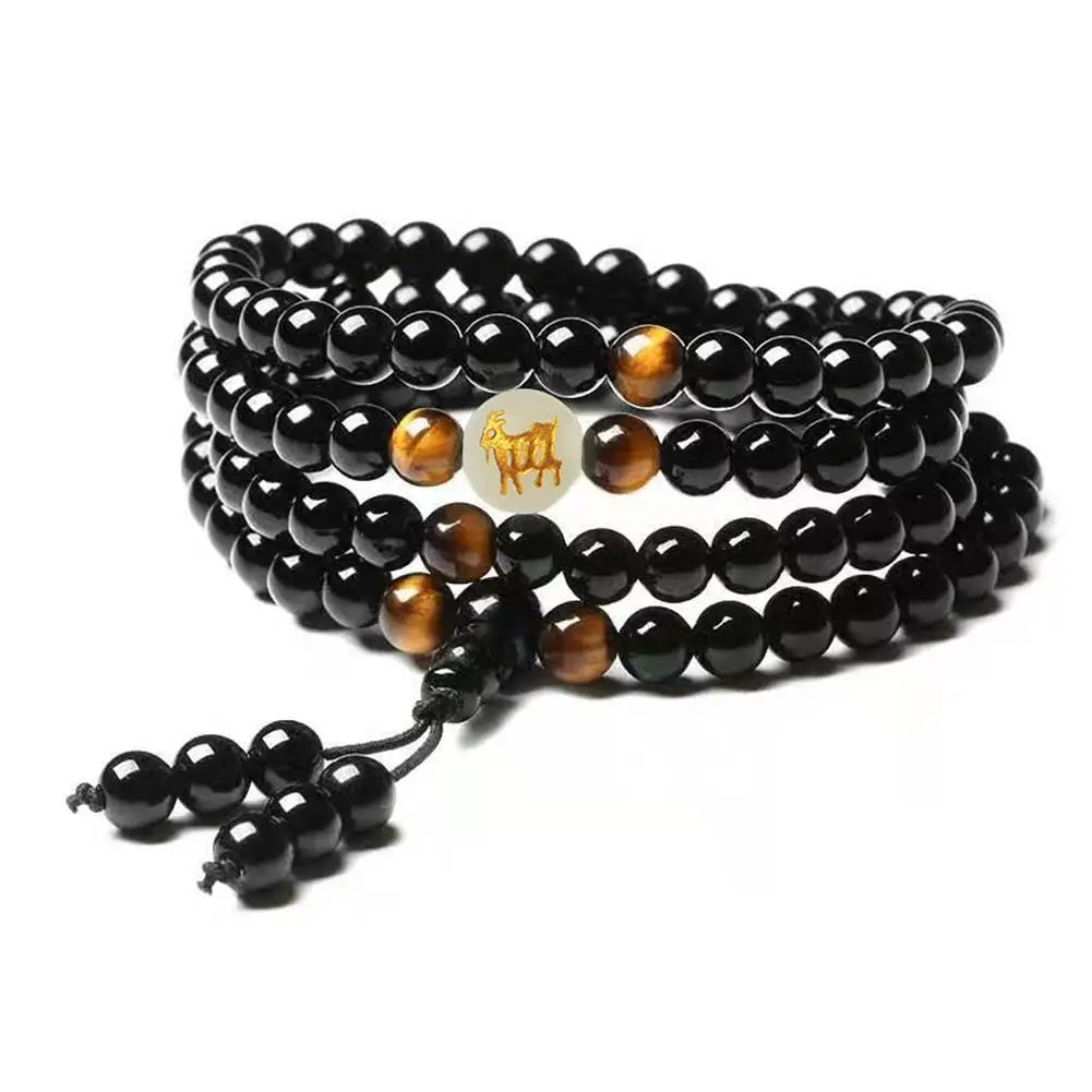 Artisan d'Asie Colliers Malas Mouton Collier mala en pierre d'obsidienne et signe astrologique chinois