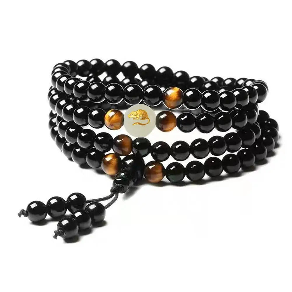 Artisan d'Asie Colliers Malas Rat Collier mala en pierre d'obsidienne et signe astrologique chinois