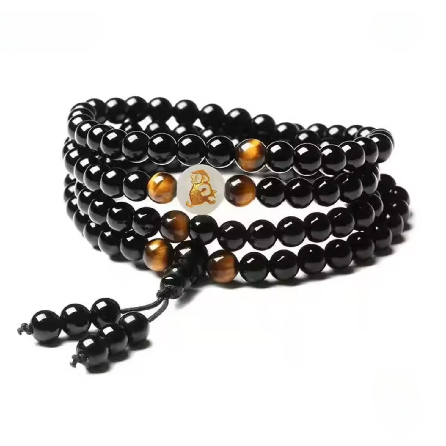 Artisan d'Asie Colliers Malas Singe Collier mala en pierre d'obsidienne et signe astrologique chinois