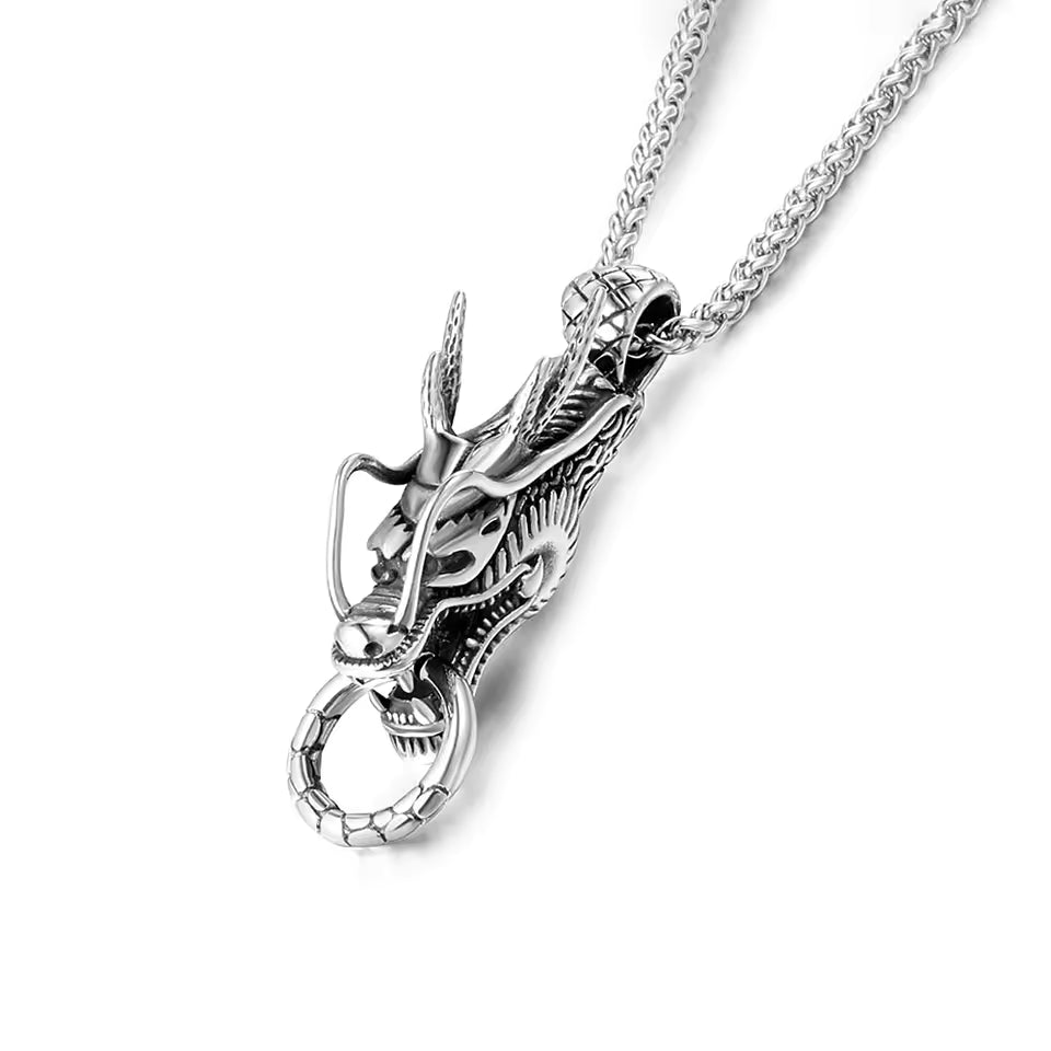 Artisan d'Asie Pendentifs & Amulettes Avec une chaîne de 60cm Pendentif Feng Shui Tête de Dragon en Acier Inoxydable