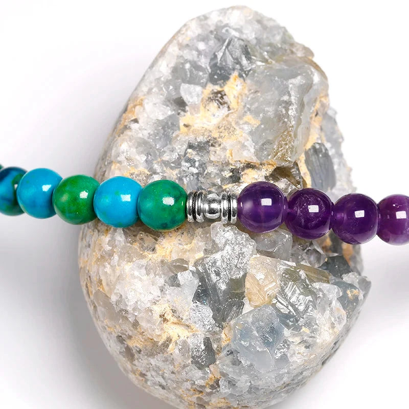 Artisan d'Asie Pendentifs & Amulettes Collier mala en Améthyste et Chrysocolle