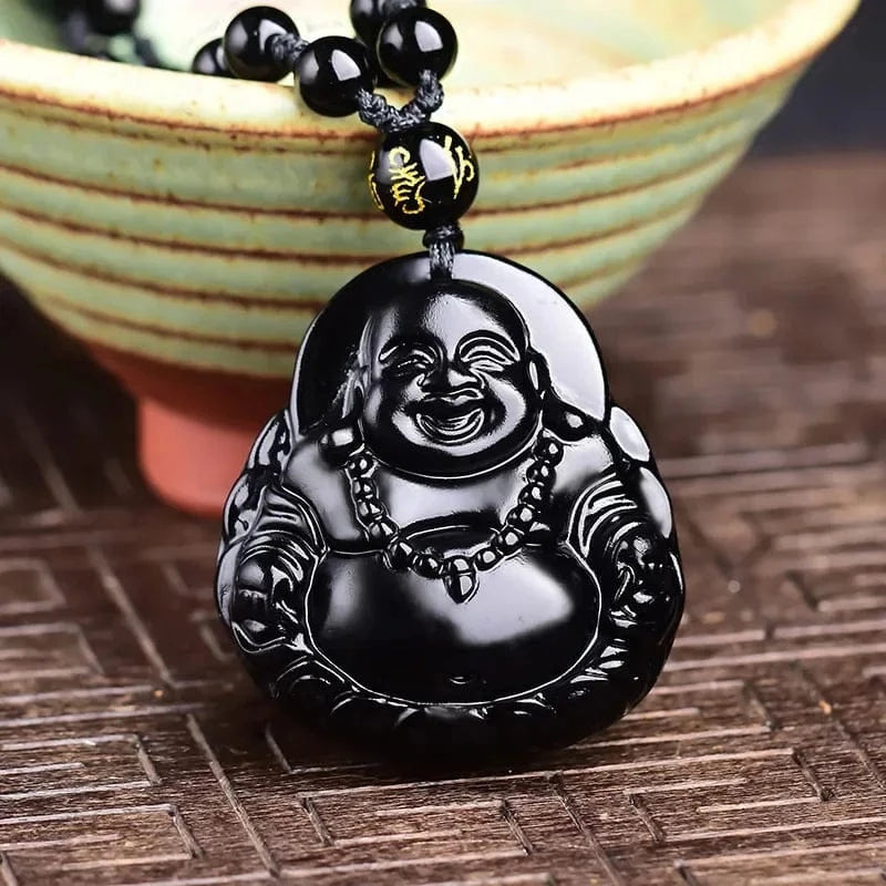 Artisan d'Asie Pendentifs & Amulettes Pendentif Bouddha Maitreya en Obsidienne Noire