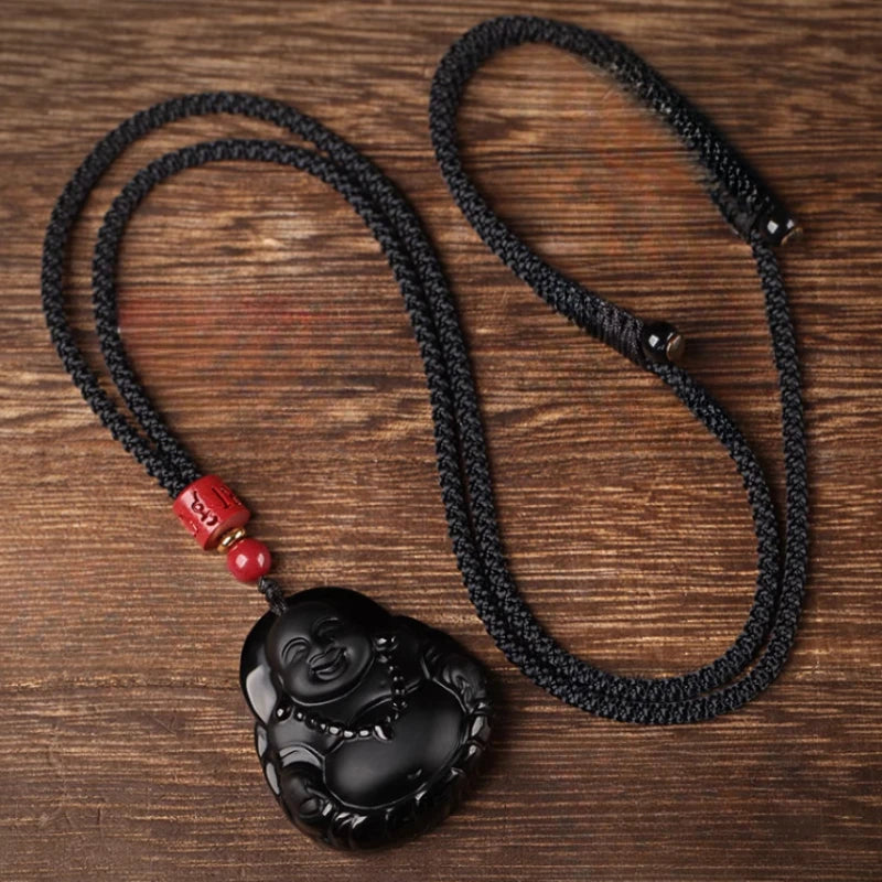 Artisan d'Asie Pendentifs & Amulettes Pendentif Bouddha Maitreya en Obsidienne Noire