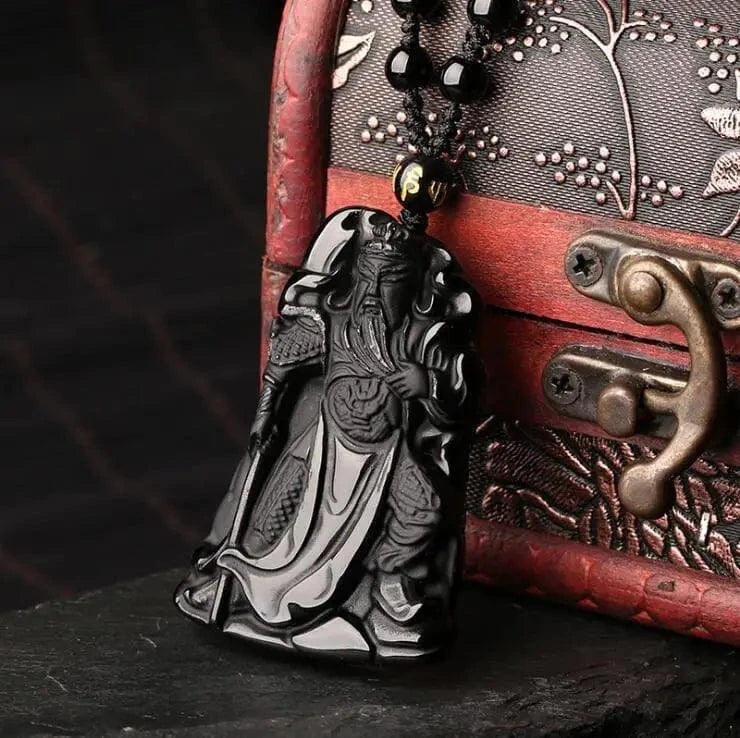Artisan d'Asie Pendentifs & Amulettes Pendentif Dieu de la Guerre Guanyu en Obsidienne Noire