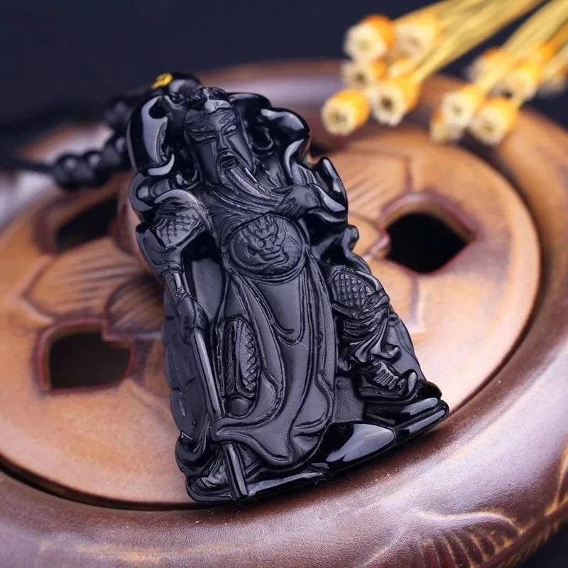 Artisan d'Asie Pendentifs & Amulettes Pendentif Dieu de la Guerre Guanyu en Obsidienne Noire