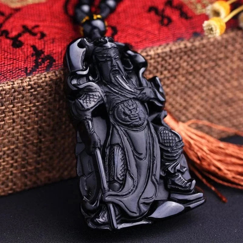 Artisan d'Asie Pendentifs & Amulettes Pendentif Dieu de la Guerre Guanyu en Obsidienne Noire