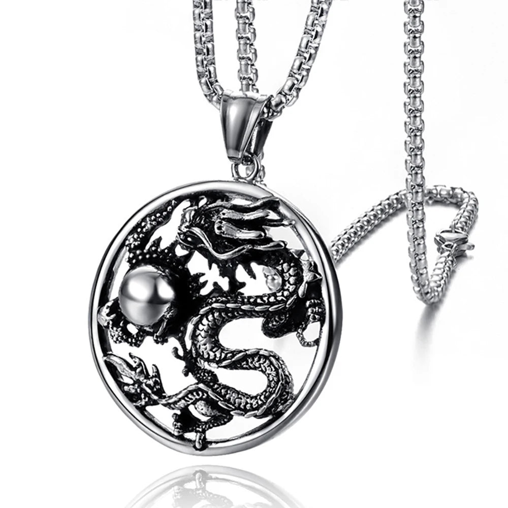 Artisan d'Asie Pendentifs & Amulettes Pendentif Rond Dragon en Acier Inoxydable