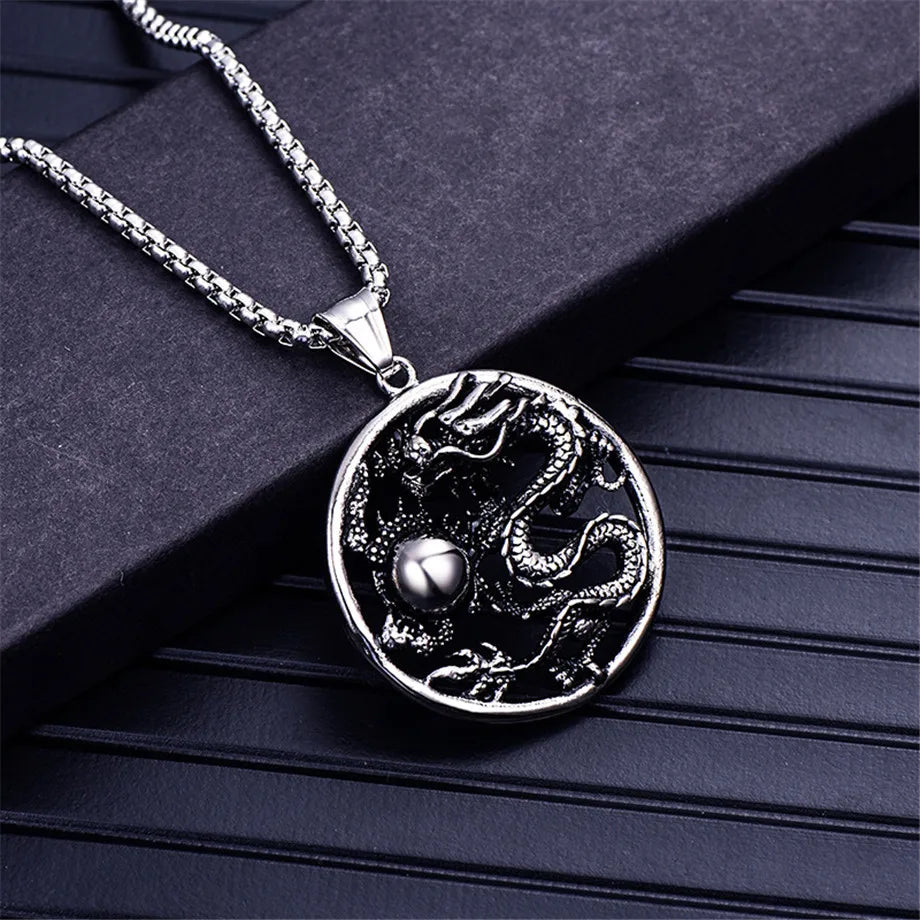 Artisan d'Asie Pendentifs & Amulettes Pendentif Rond Dragon en Acier Inoxydable