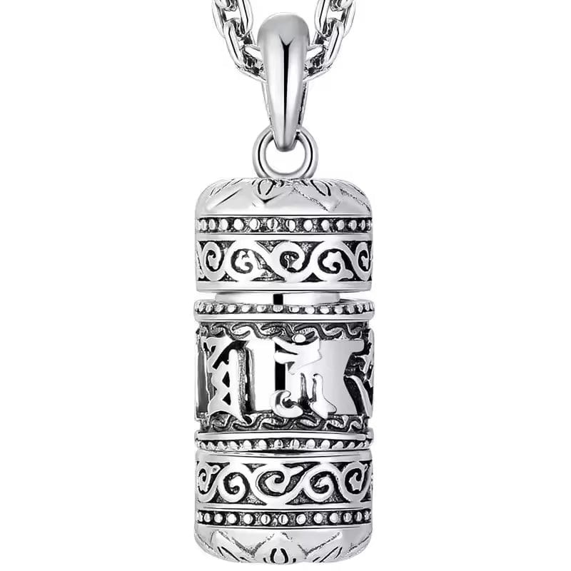 Artisan d'Asie Pendentifs & Amulettes S (41*14mm) Pendentif Moulin à Prière Mantra OM en Argent Massif S925 avec Fleur de Lotus