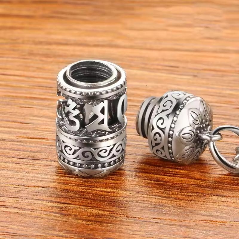 Artisan d'Asie Pendentifs & Amulettes S (41*14mm) Pendentif Moulin à Prière Mantra OM en Argent Massif S925 avec Fleur de Lotus