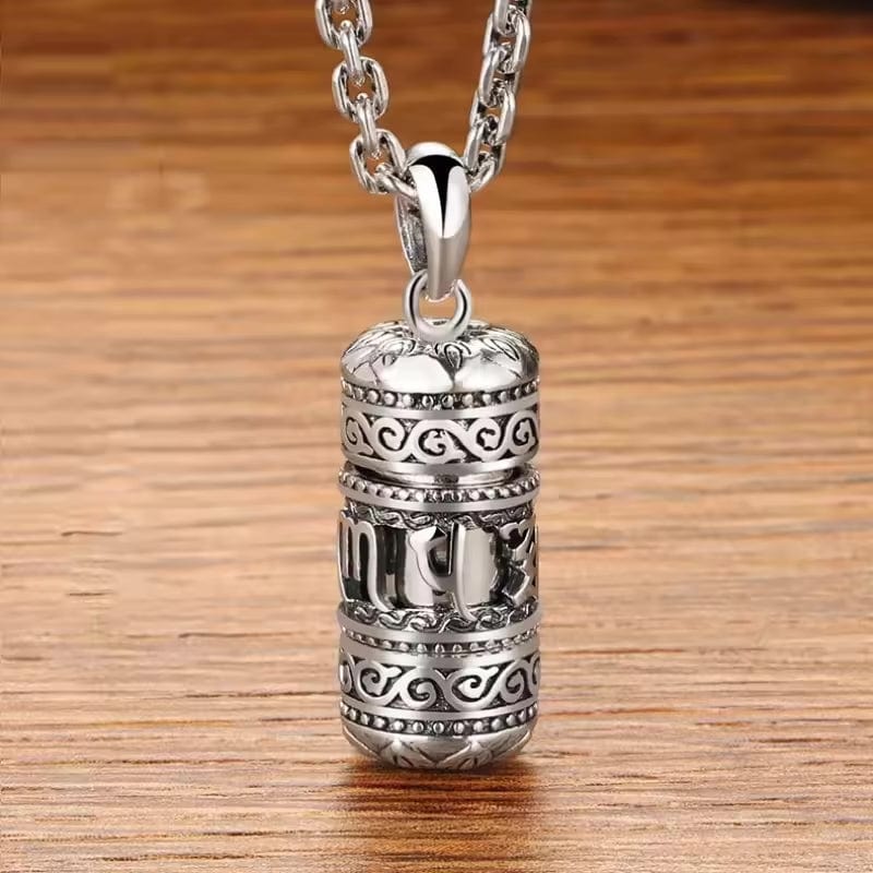 Artisan d'Asie Pendentifs & Amulettes S (41*14mm) Pendentif Moulin à Prière Mantra OM en Argent Massif S925 avec Fleur de Lotus