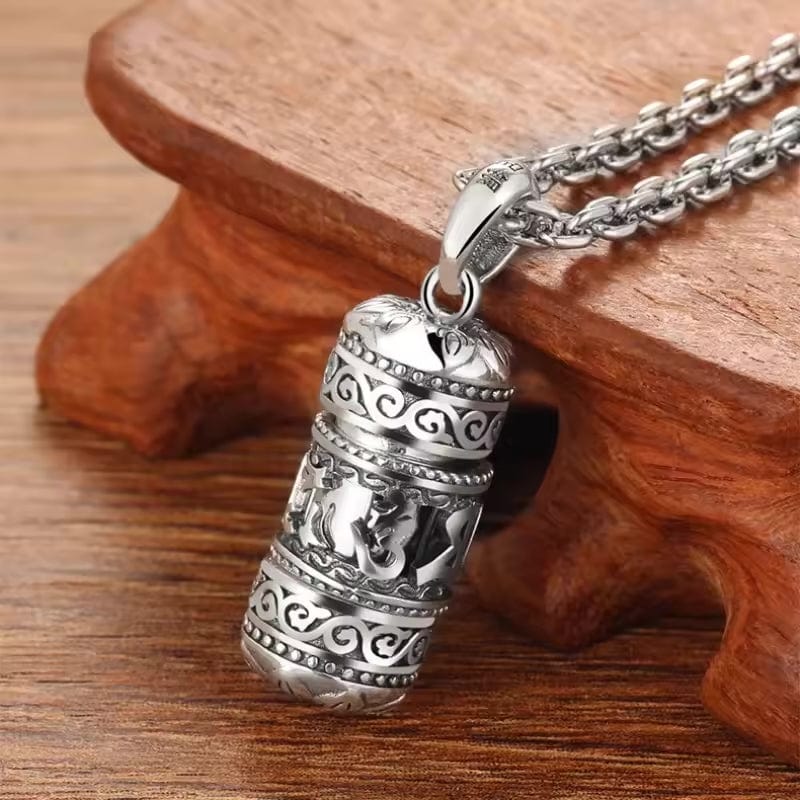 Artisan d'Asie Pendentifs & Amulettes S (41*14mm) Pendentif Moulin à Prière Mantra OM en Argent Massif S925 avec Fleur de Lotus